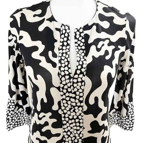 Diane von Furstenberg DVF Silk V Neck 3/4 Sleeve Shift Dress Black White Size 0 - Picture 3 of 8